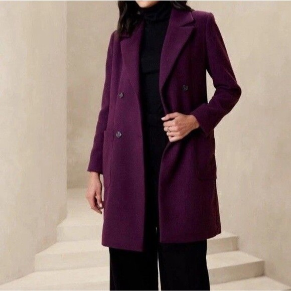 Banana Republic Classic Coat Pinot Noir Double Breasted Medium Petite NWT - Picture 2 of 15